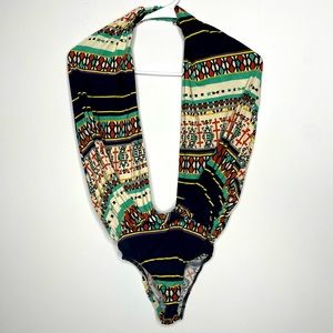 Open back graphic bodysuit halter top deep cleavage size S small